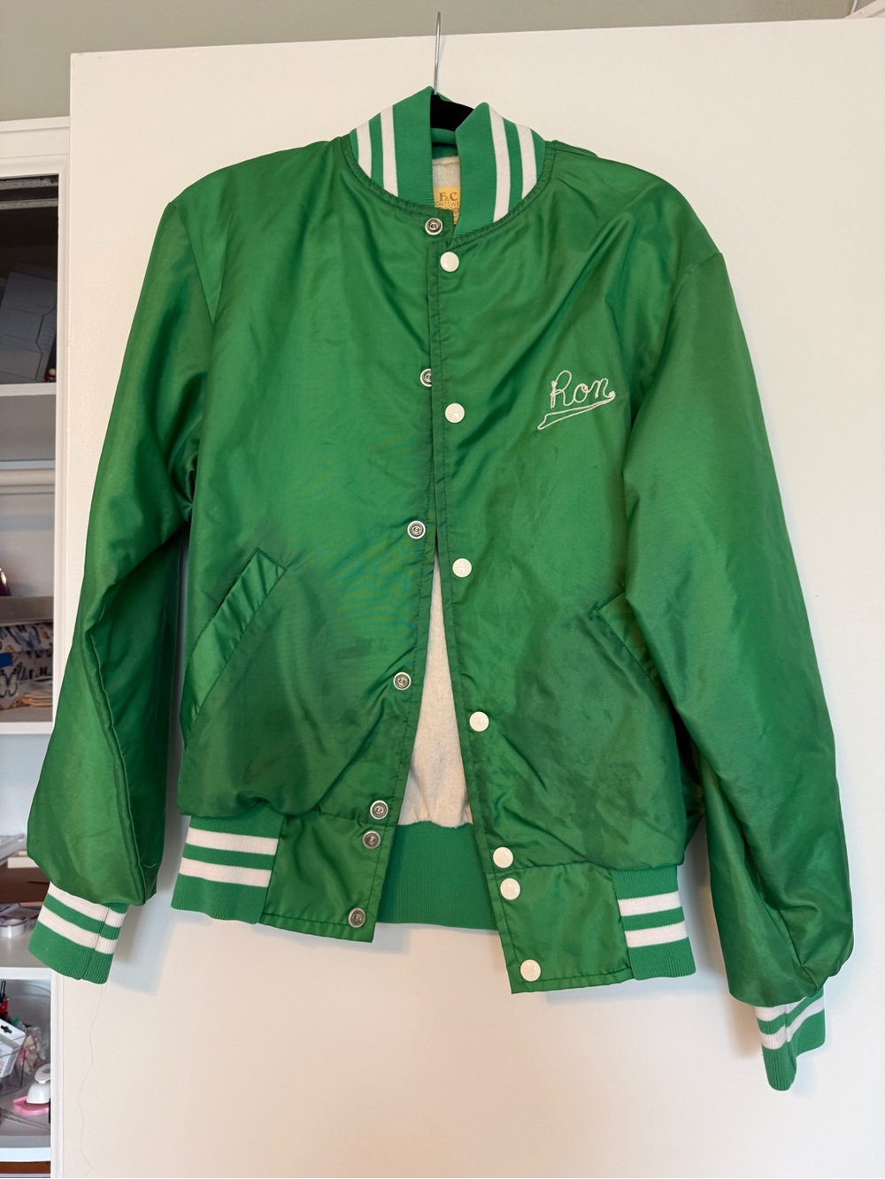 Green vintage Satin Bomber Jacket with Striped Trim